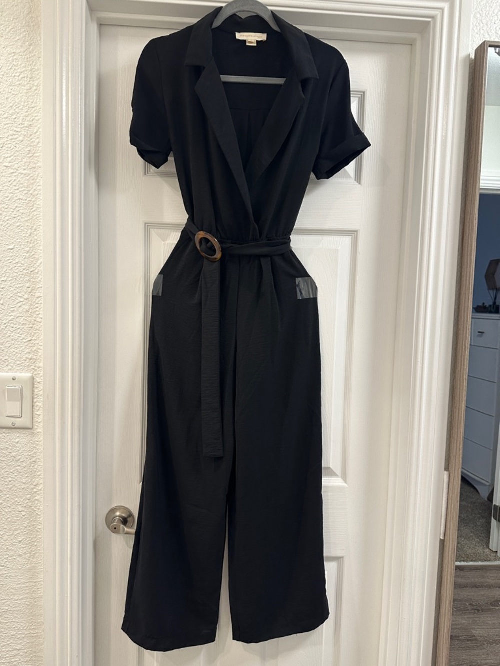 Monteau Black Short-Sleeve Belted Jumpsuit